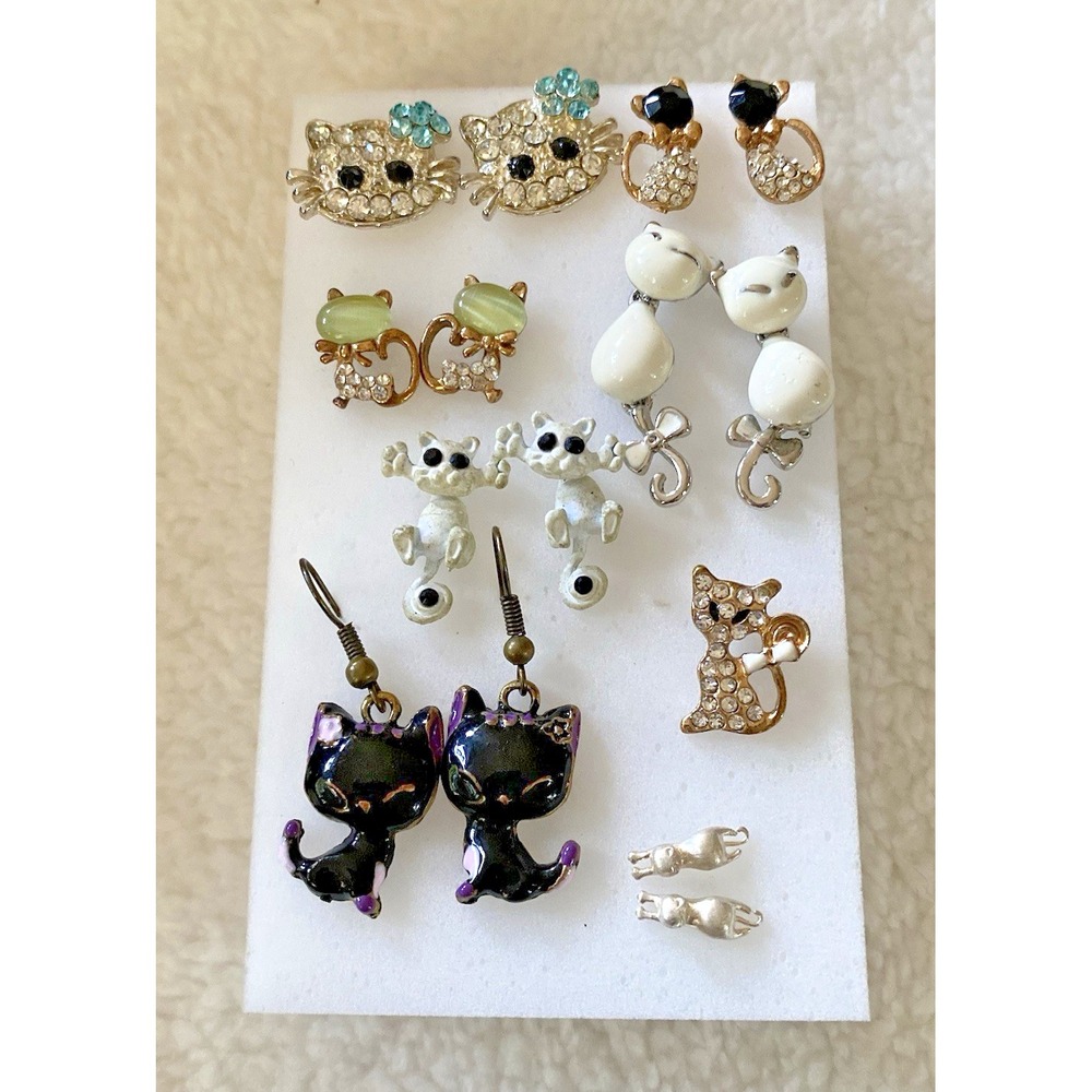 Vintage Estate Lot of 7 Pairs Adorable Cat Pierced Earrings Plus One!